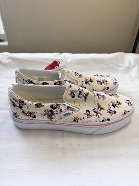 Vans Cream Slip-On Sneakers with Pink Minnie Mouse Print